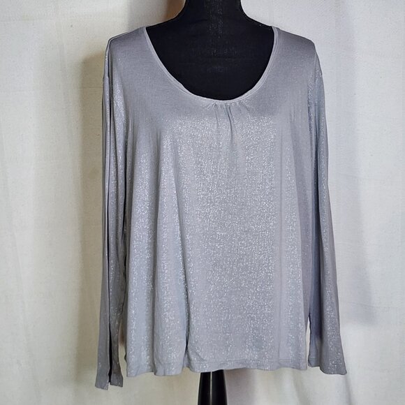 Chico's Gray Silver Sparkle Scoop Neck LS Pull Over Rayon Blouse Chico 3 US XL - Picture 1 of 16